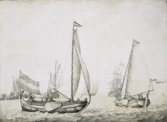 To nederlandske skip ved starten, sannsynligvis i havnen i Amsterdam (Holland). Grisaille på tre, ca. 1660, av Willem van de Velde (1611–1693).