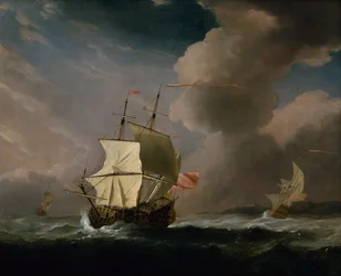 An English Two Decker in a Strong Wind with another Ship in the Background (oil on canvas)   1172660   no       norwegian Successfully Translated  Original: Prices Candle-Works, c. 1875. Translat: Price