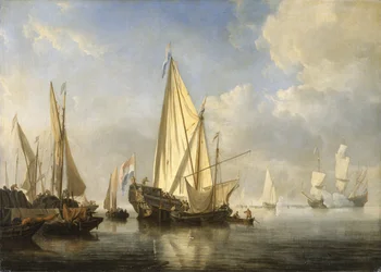 Sende i rolige omgivelser med en State Yacht utenfor enden av en brygge, ca. 1680 (olje på lerret)
