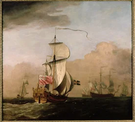 Den andre hertugen av Albemarles ketsj med en yacht til venstre og tre krigsskip i det fjerne til høyre
