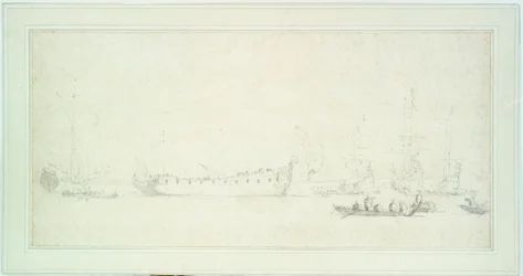 Sjøsettingen av et engelsk skip, sannsynligvis «James Galley», ca. 1676 (grafitt og vask, grå)