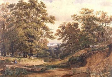 En scene i Bagley Wood nær Oxford (akvarell og kroppsfarge)