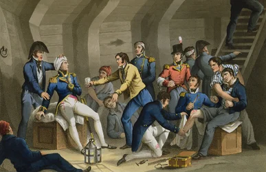 Lasterommet, slaget ved Nilen, med Nelson såret i slaget, gravert av Matthew Dubourg (fl.1813-20) fra 
