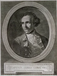 Portrett av kaptein James Cook (1728-79), fra frontispicen til "Journey Round the World to the South Pole" (gravering)