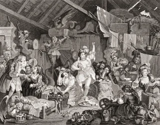Spaserspillere som øver i en låve, gravert av G Presbury, fra The Works of Hogarth publisert London 1833 (s/hv gravering)