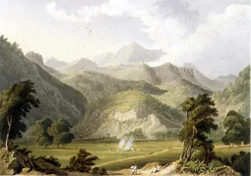 Approach to the Bore Ghaut, fra et maleri av oberstløytnant Johnson, gravert av T. Fielding og fargelagt av J.B. Hogarth (litho)