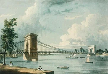 Suspension Bridge, Hammersmith, fra Ackermanns 'Microcosm of London', gravert av J. Baily