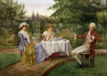 Leser i hagen. En mann leser et dikt for to kvinner som sitter drømmende rundt en kopp te. Maleri av William A. Breakspeare (1855–1914, britisk). Privat samling.