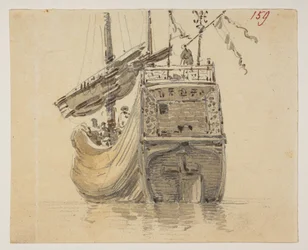 159 En båt.  , fra et album med 372 tegninger av landskap, kystlinjer, kostymer og hverdagsliv laget under Lord Macartneys ambassade til keiseren av Kina, mellom 1792 og 1794 (blyant og akvarell på papir)