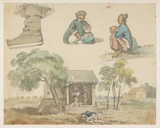 165 Figurstudier og helligdom.  , fra et album med 372 tegninger av landskap, kystlinjer, kostymer og hverdagsliv laget under Lord Macartneys ambassade til keiseren av Kina, mellom 1792 og 1794 (blyant og akvarell på papir)