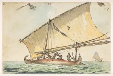 33 Båt i Cochin Kina,  fra et album med 372 tegninger av landskap, kystlinjer, kostymer og hverdagsliv laget under Lord Macartneys ambassade til keiseren av Kina, mellom 1792 og 1794 (blyant og akvarell på papir)