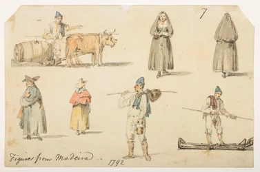 7'-figurer fra Madiera. 1792.' fra et album med 372 tegninger av landskap, kystlinjer, kostymer og hverdagsliv laget under Lord Macartneys ambassade til keiseren av Kina, mellom 1792 og 1794 (blyant og akvarell på papir)