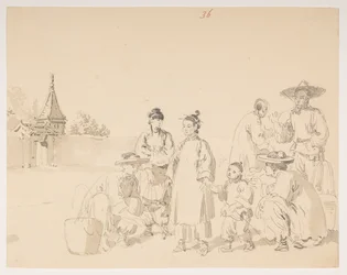 En gruppe, fra et album med 372 tegninger av landskap, kystlinjer, kostymer og hverdagsliv laget under Lord Macartneys ambassade til keiseren av Kina