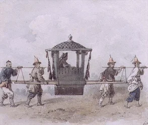 Kinesiske tjenere som bærer en Palanquin (akvarell)