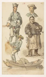 f.11 58 Studier av kinesisk,  fra et album med 372 tegninger av landskap, kystlinjer, kostymer og hverdagsliv laget under Lord Macartneys ambassade til keiseren av Kina, mellom 1792 og 1794 (blyant og akvarell på papir)