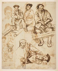 [f.57 140v Figurstudier, kinesiske menn. ‘21. nov.’, fra et album med 372 tegninger av landskap, kystlinjer, kostymer og hverdagsliv laget under Lord Macartneys ambassade til keiseren av Kina, mellom 1792 og 1794 (blyant og akvarell på papir)