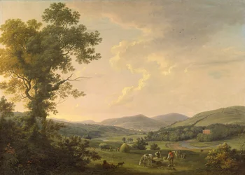 Landskap med Haymakers and a Distant View of a Georgian House, ca. 1780 (olje på lerret)