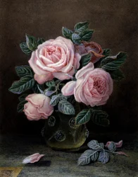 Rosa roser i en glassvase. Maleri av William Hough (fl.1850–1900). Privat samling.