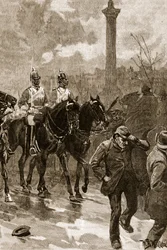 Blodig søndag: Livvaktene holder Trafalgar Square, 1887, illustrasjon fra 'Cassell's Illustrated History of England' (sepiafoto)