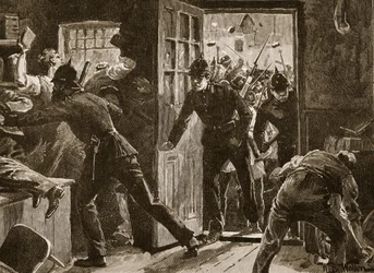 Kamp i Ennis mellom medlemmer av National League og politiet, 1886, illustrasjon fra «Cassell