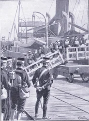 Japanske tropper går om bord på Kobe, illustrasjon fra Cassells History of the Russo-Japanese War Vol 1, ca. 1900