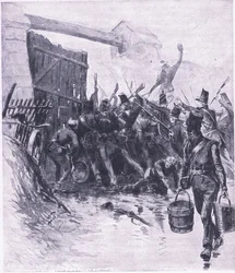 Angrepet på La Haye Sainte, illustrasjon fra British Battles on Land and Sea, 1915