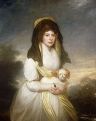 Portrett av dronning Charlotte, tre-kvarts lengde, i en hvit kjole, et gult sjal og svart mantilla, holder en maltesisk hund, på eiendommen til Frogmore House,