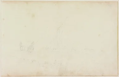 Skisse av skipsrobåt og rytter med linje av hester (blyant på papir (på papir med M746))
