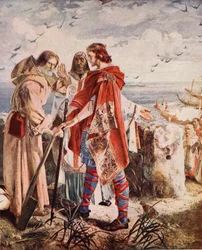 Egfrith tilbyr bispedømmet i Hexham til Cuthbert, 678, illustrasjon fra 'Hutchinson's Story of the British Nation', ca. 1920