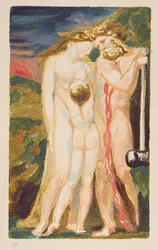 En naken kvinne ser ned på en halvvoksen gutt, plate 18 fra Urizens første bok