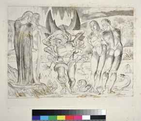 The Circle of the Thieves: Agnolo Brunelleschi angrepet av et seksfots slange-inferno, Canto XXV, illustrasjon til 