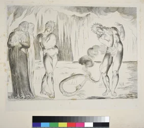 Tyvenes sirkel: Buoso Donati angrepet av slangen, Inferno, Canto XXV, illustrasjon til 'Den guddommelige komedie' av Dante Alighieri, ca. 1827-38 (gravering)