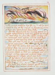 «Den eldgamle tradisjonen...», illustrasjon og tekst fra «Ekteskapet mellom himmel og helvete», ca. 1790–1793 (relieffers etsing ferdigstilt med penn og akvarell)