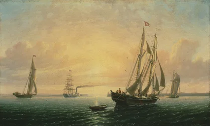 The Schooner Jane of Bath, Maine   1269669   no       norwegian Successfully Translated  Original: Venus op schelp met brandend hart en pijl drijft voor kust van Zeeland, daarboven twee medaillons met portretten van Cloës en Blondae en cartouche met titel 