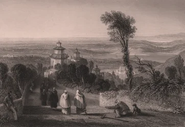 Utsikt fra Sacro Monte (Holy Mountain) i Varese, Lombardia, Italia, stålgravering av T Willmore fra tegning av William Brockedon (1787-1854), ca 23x18 cm