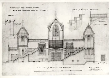 Detaljer om innganger, trapper, døråpning og rekkverk til ovnskammeret, (New Big School), Rugby School, 1844 (svart blekk, blyant og wc)