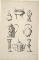 Design for servise, plate XV med design av kinesiske bygninger, møbler, kjoler, maskiner og redskaper.