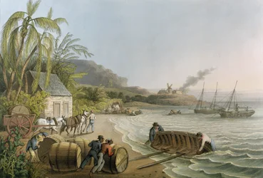 Transport og lasting av sukkerfat om bord, tavle X fra «Ti utsikter på øya Antigua», utgitt av W. Clark, London, 1823