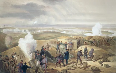 A Hot Day in the Batteries, tallerken fra "The Seat of War in the East", pub. av Paul und Dominic Colnaghi und Co., 1856
