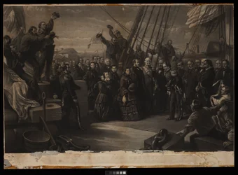 England og Amerika. Hennes Majestet Dronning Victorias besøk til det arktiske skipet Resolute 16. desember 1856, ca. 1859 (gravering, stiplet skrift, bordplate)
