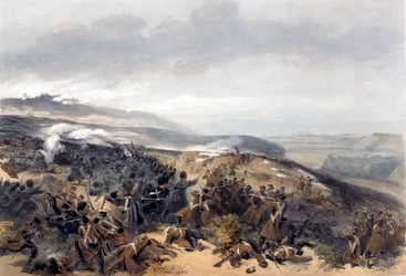 Second Charge of the Guards da de tok tilbake Two Gun Battery i slaget ved Inkerman, gravert av Edmond Morin (1824-82) fra The Seat of War in the East - First Series, utgitt av Colnaghi und