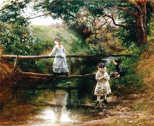On the Tyne nær Ormiston - Children Gathering Wild Flowers (olje på lerret)