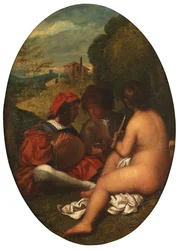 Pastoral Concert, etter Titian (olje på lerret lagt ned på panel)