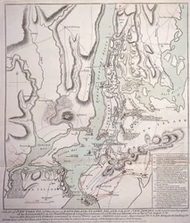 Plan for New York Island med deler av Long Island, Staten Island og East New Jersey og engasjementet på Woody Heights of Long Island mellom de britiske styrkene, under kommando av general Sir William Howe
