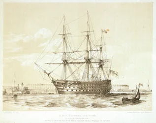 HMS #39;Victory#39;, sent 1700-tall til tidlig 1800-tall (farget litografi)
