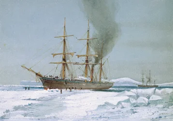 HMS «Discovery» på vei gjennom isen, skipet designet for ekspedisjoner til Antarktis. Akvarell, cirka 1901, av William Frederick Mitchell (1845–1914).