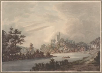 Landskap, slott ved en elv
