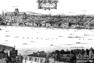 Utsikt over London og Themsen fra South Bank, 1600-tallet 1886.