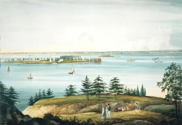 The Bay of New York og Governors Island hentet fra Brooklyn Heights, 1820-25.