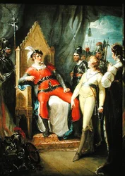 Edward Prince of Wales og hans mor dronning Margaret (1430-82) brakt for kong Edward IV (1442-83) etter slaget ved Tewkesbury (olje på lerret)